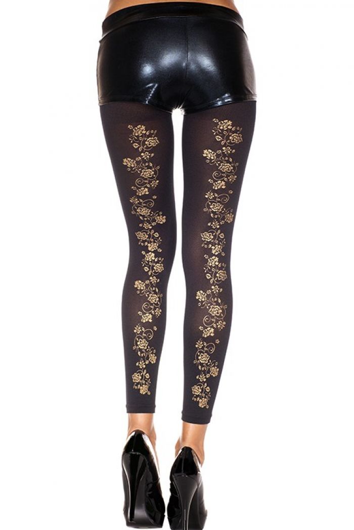 Music Legs Golden-floral-print-spandex-opaque-leggings  Footles Panyhose 2018 | Pantyhose Library